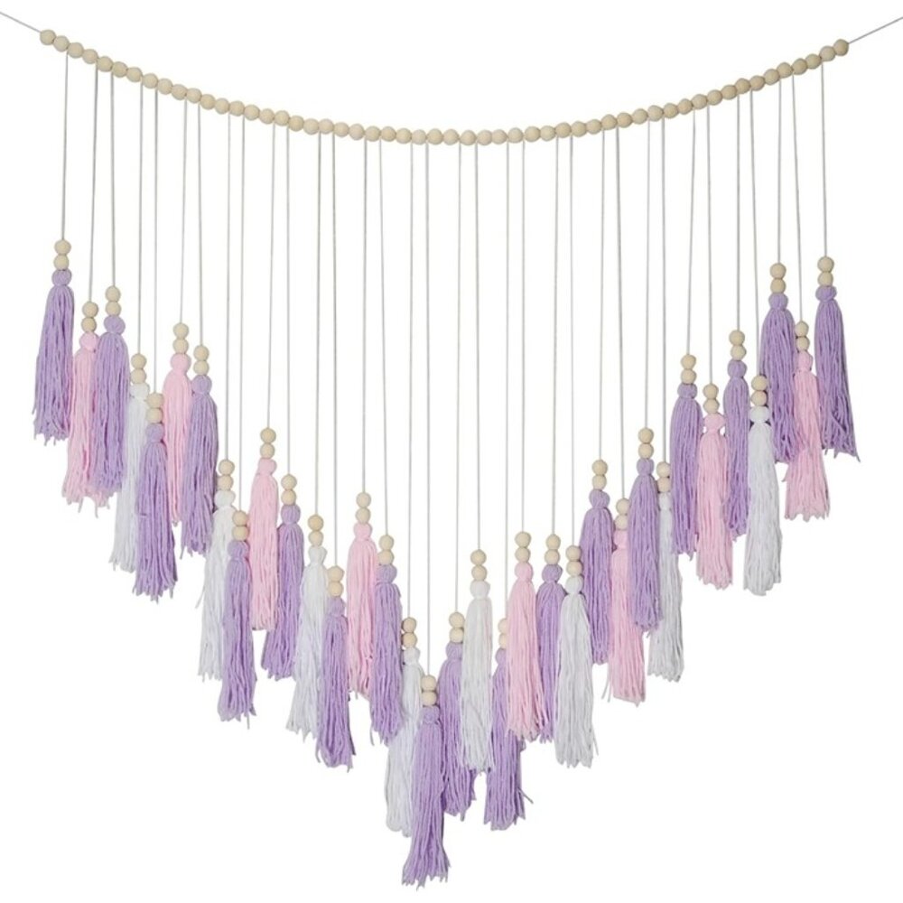 New Pink Purple Macrame Boho Wall Hanging Tassel Decor with Wood Beads 41x32"